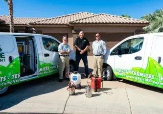 Three men standing in front of two vans.